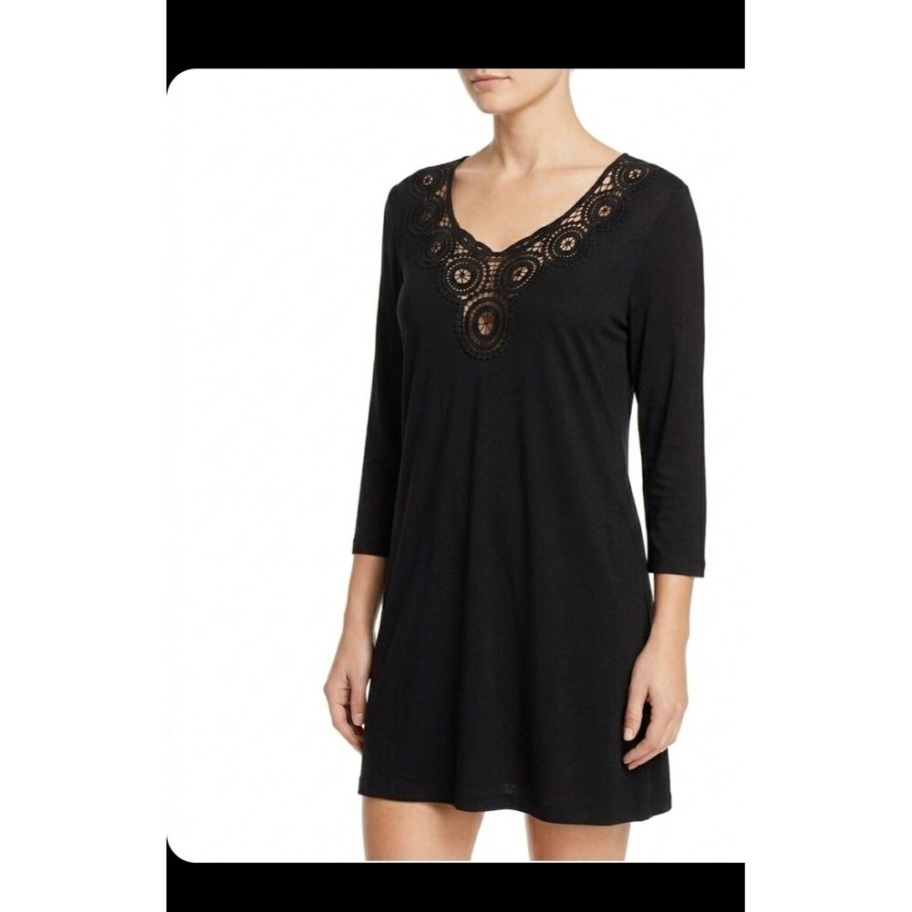 La Blanca Women's Crochet Neck Tunic Top Cover-up Large Black Long Sleeve Summer